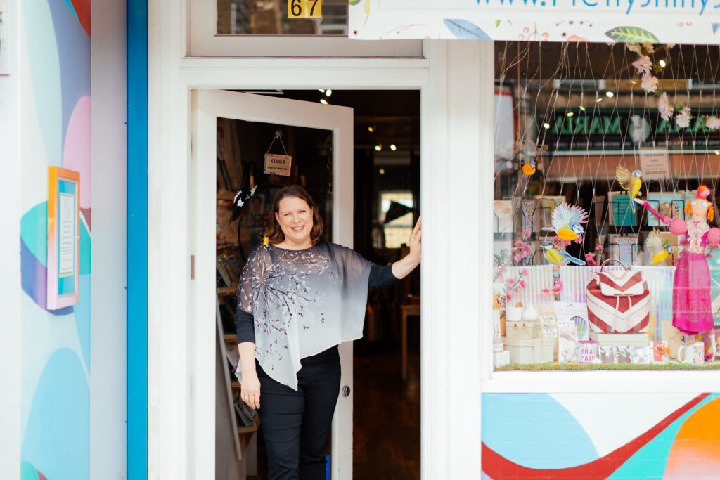 Georgina, owner of local community business ( a gift shop called Pretty Shiny Shop), outsider her business in Stroud Green.