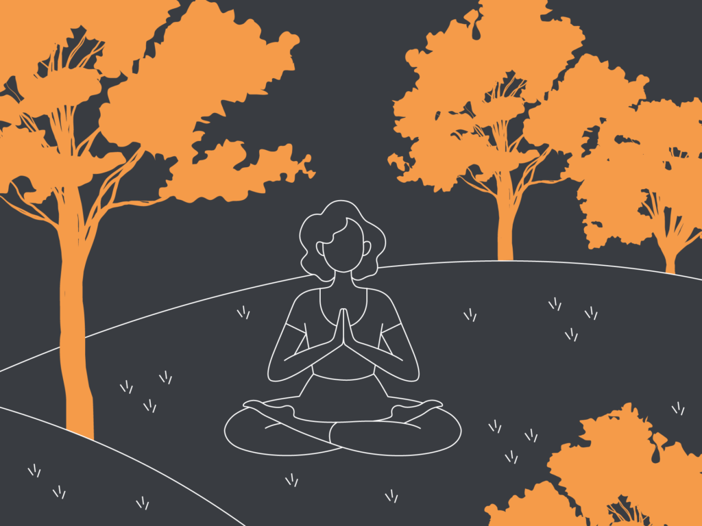 Davies & Davies Illustration of a woman meditating in the the park on a grey background surrounded by orange trees