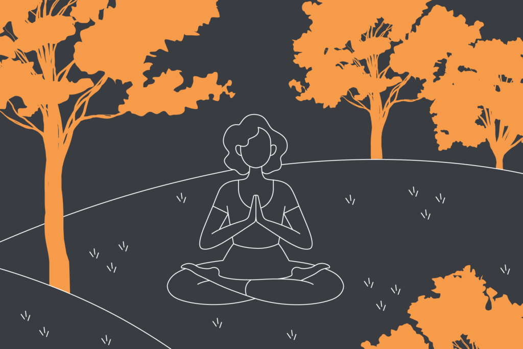 Davies & Davies Illustration of a woman meditating in the the park on a grey background surrounded by orange trees