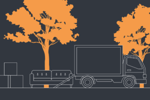 an illustration of a moving van moving a sofa and some boxes