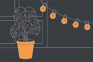 Illustration of a Monstera plant in an orange plant pot sitting by a window with bulb fairy lights hanging by it
