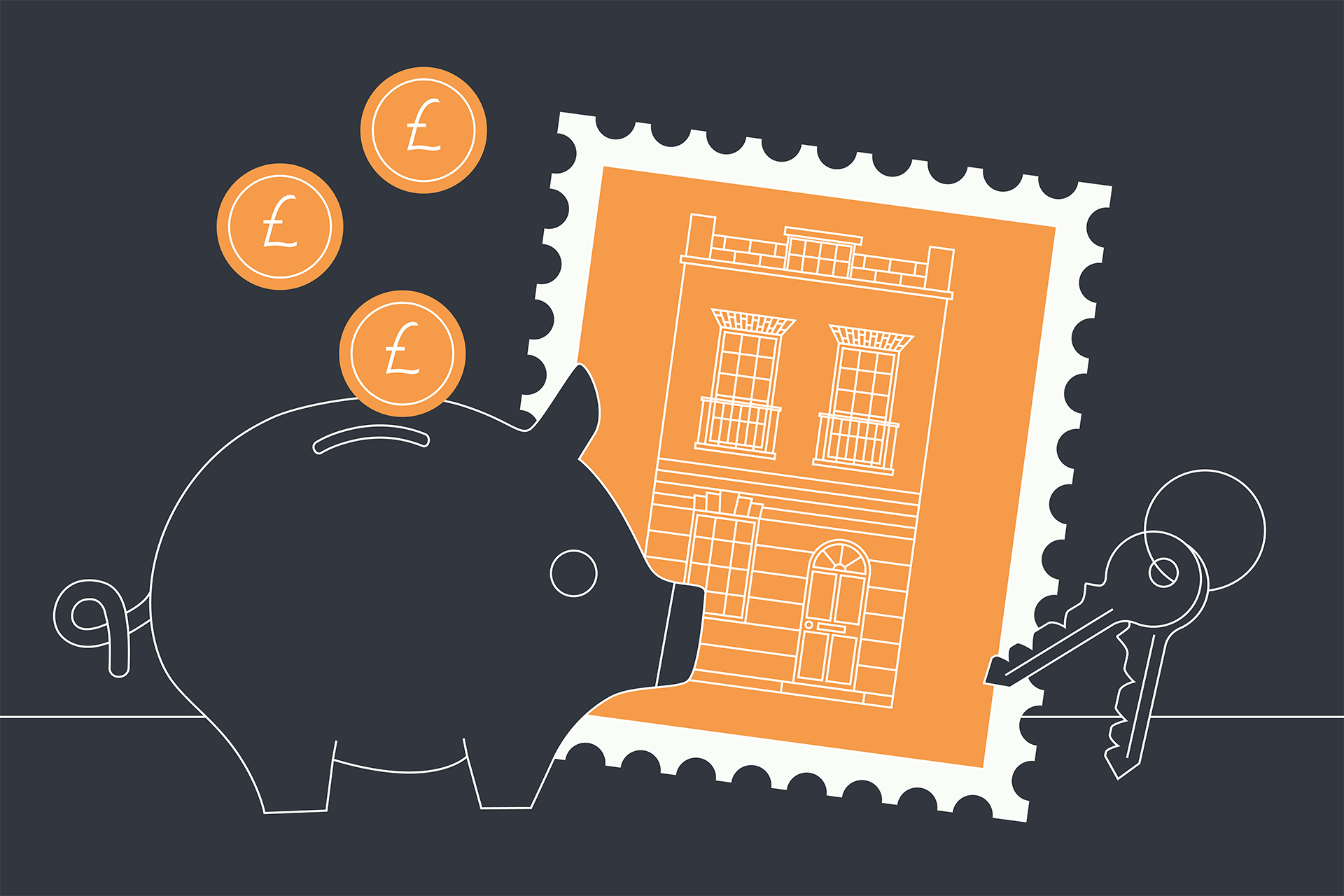 illustration of a piggy bank, a property stamp and a set of keys