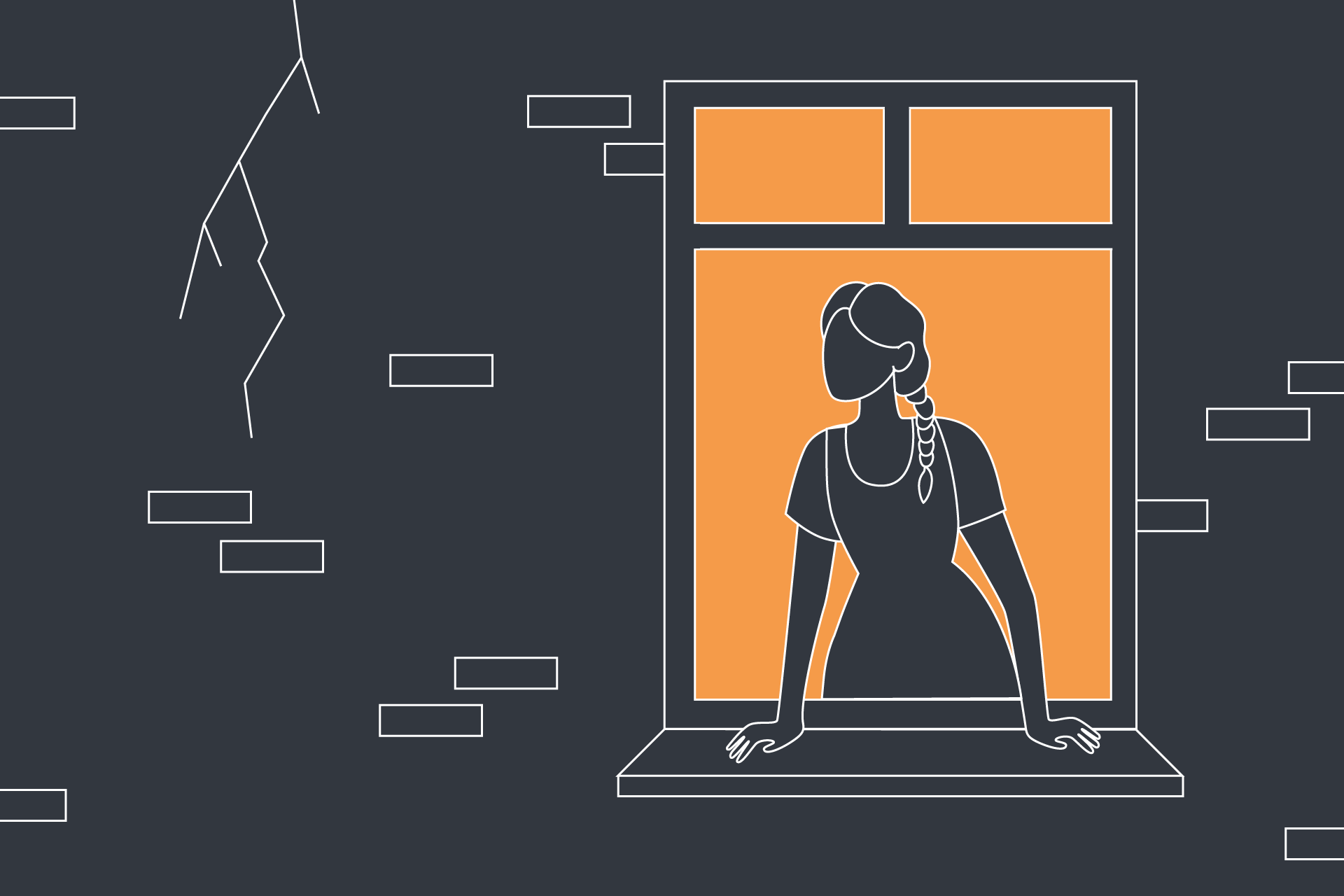 An illustration of a woman looking out of her window to a crack in her building wall.
