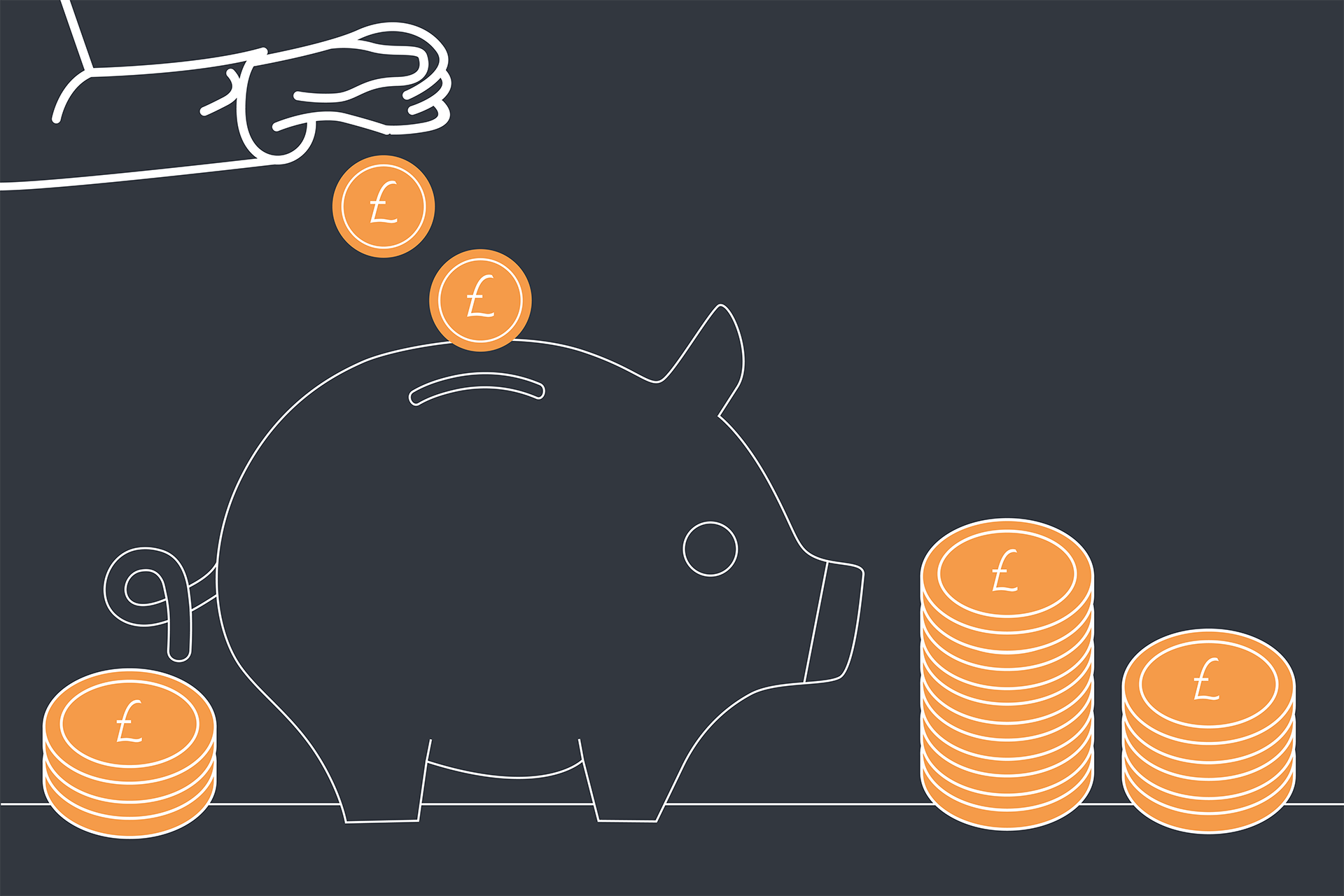 A DD illustration of a hand depositing money into a piggy bank with stacks of coins either side.