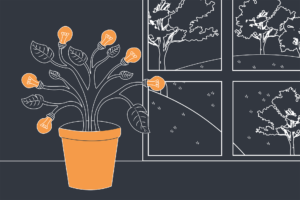 D&D Illustration of a plant pot with leaves and light bulbs as the flower. Behind it is a window with trees on hills.