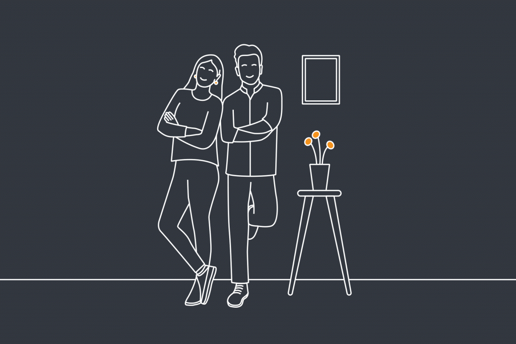 A illustration of a couple together in a living room, a table with a potted flower all implying this is their new buy-to-let property.