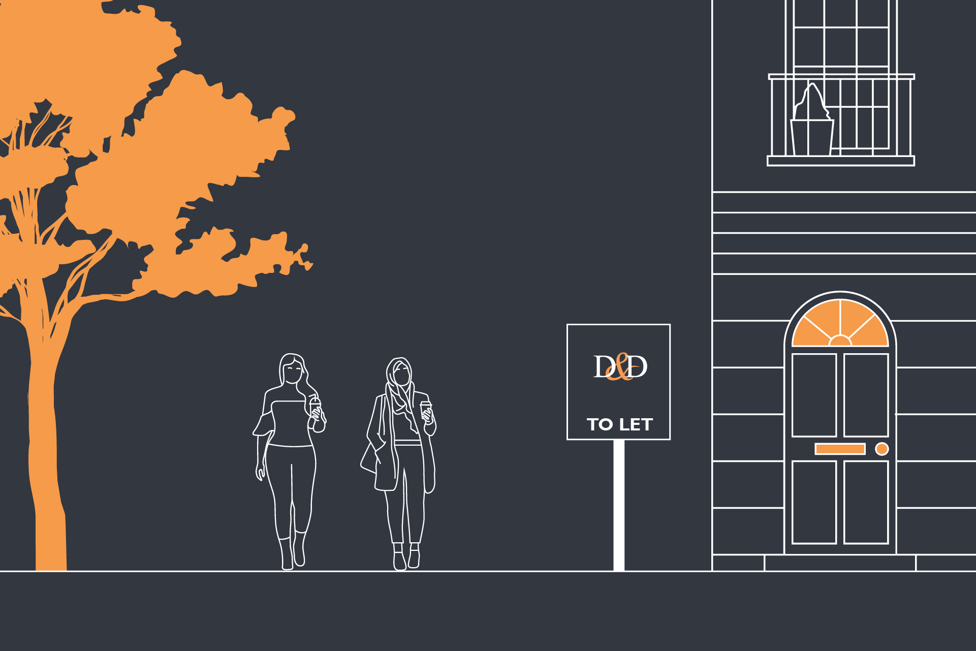 Illustration of a property to let in North London with two potential tenants walking.