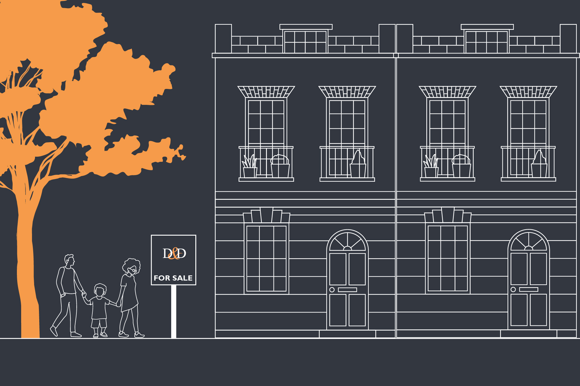 Illustration of houses with a Davies & Davies sale sign outside it and a family walking past wondering what the Budget 2021 Means for the Property Market.