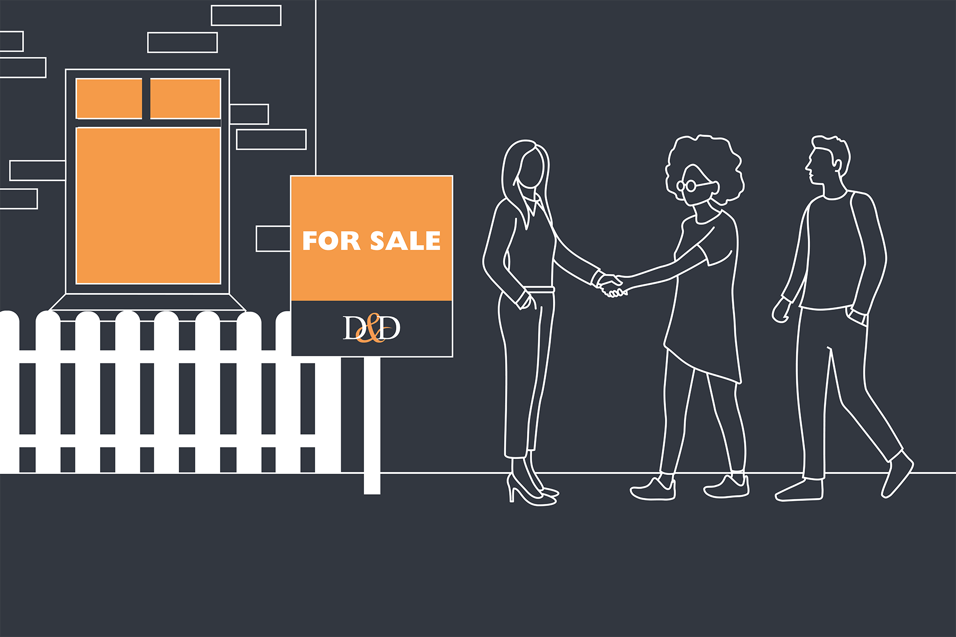 Illustration of a couple shaking hands with a Davies & Davies estate agent after buying a property as a result of the new 95% loan-to-value mortgage scheme.