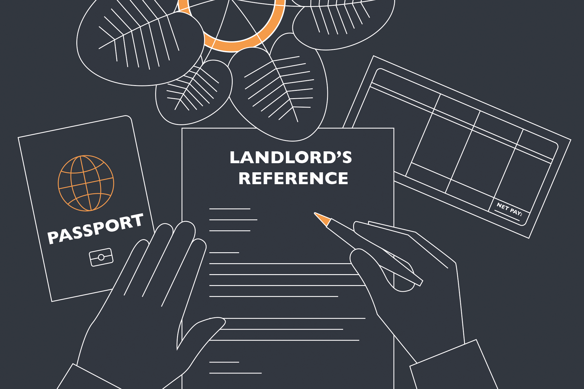 A illustration of a passport, payslip and landlord reference application with a hand about to sign the form.