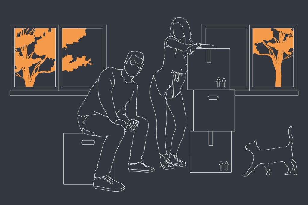 A illustration of a couple together in a living room of their new property unpacking with their pet cat posed in frame.