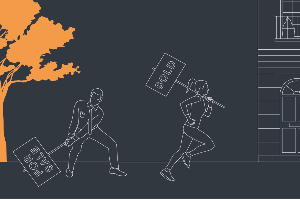 illustration of a woman holding an estate agent's board reading 'sold' and sprinting towards a house, while a man struggles with an estate agents board reading 'for sale' as he tries to drag it towards the house.