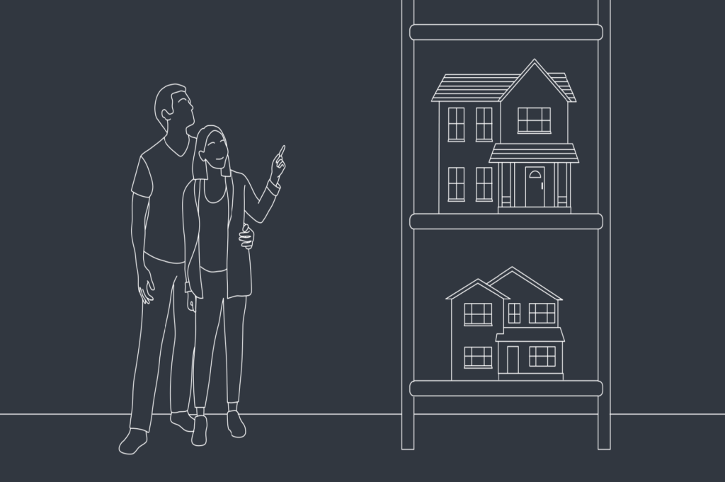A illustration of a couple standing next to a ladder with what most consider as the typical property progression, so gradually getting bigger and more specific.