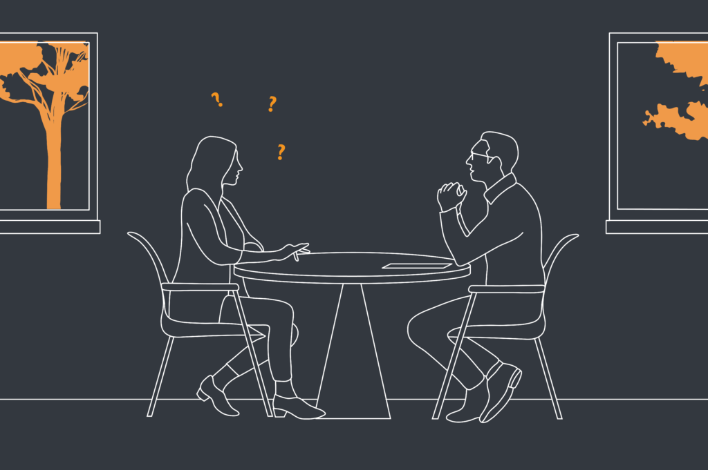 An illustration of a lady and her mortgage advisor/broker having an initial talk.