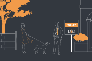 A lady with a dog standing outside a property for sale talking to a landlord.