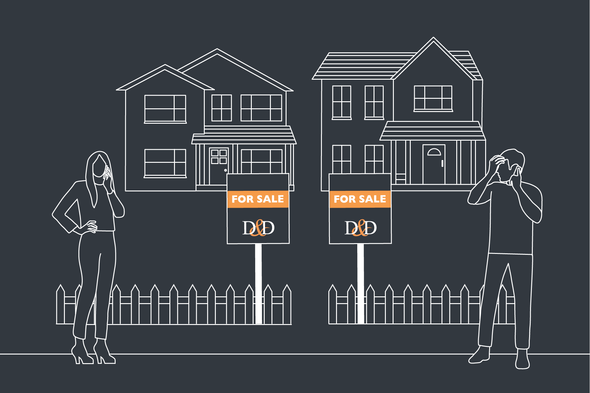 Illustration of two houses with the for sale sign outside