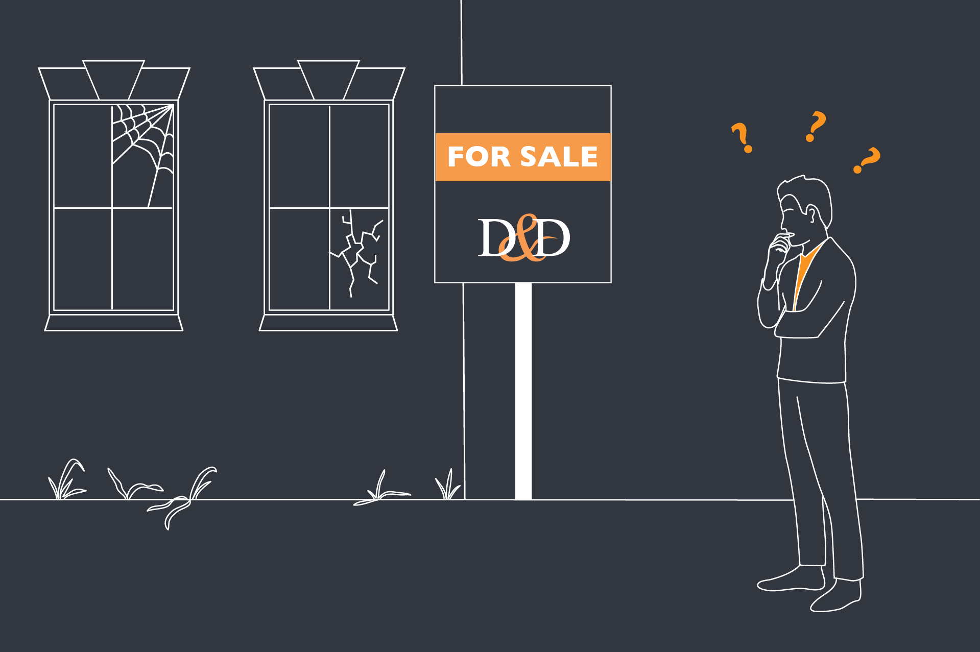 Illustration of a man outside a house with the for sale sign who is having difficulty selling your home. 