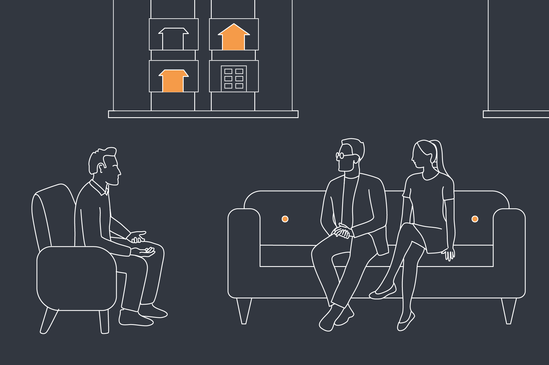 Illustration of a man and woman sitting down with an estate agent, they are discussing buying your first house. 