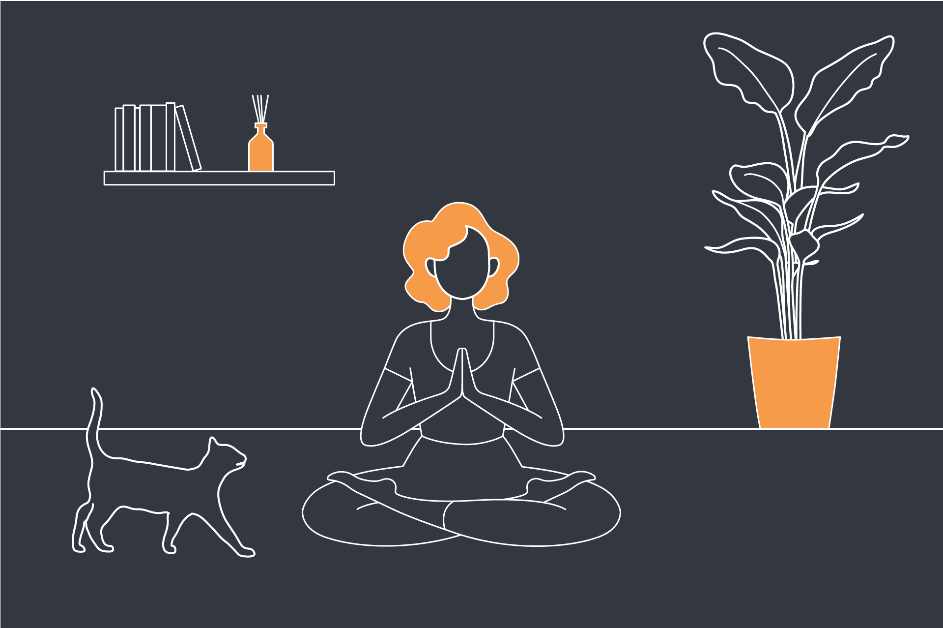 Illustration of a woman sat on the floor and meditating, in a calming home environment