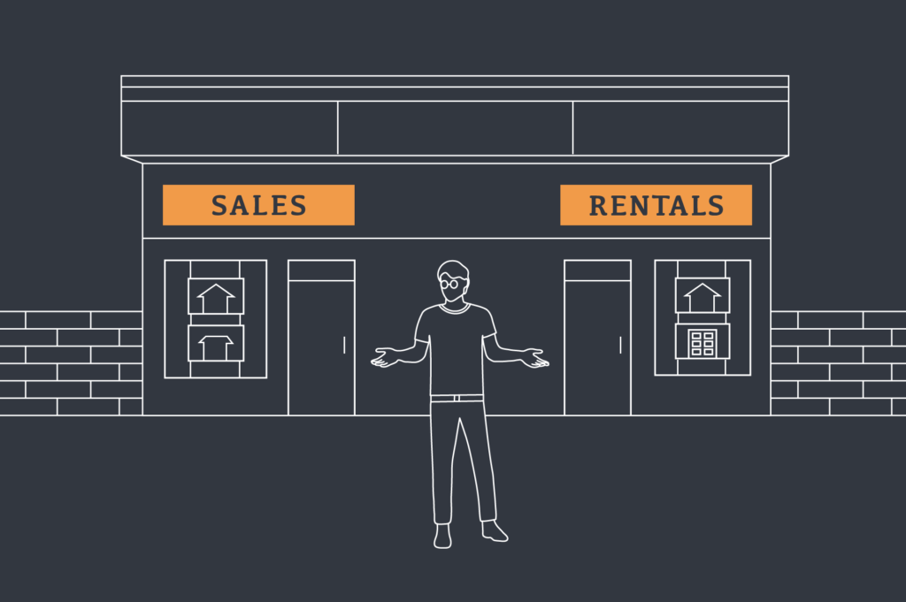 Illustration of a man stood infront of two signs reading 'sales' and 'rentals'