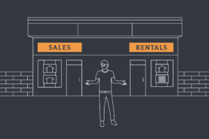 Illustration of a man stood infront of two signs reading 'sales' and 'rentals'