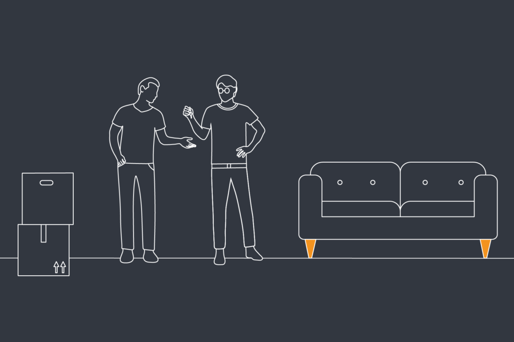 Illustration of a couple standing next to a sofa talking