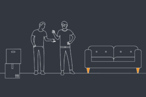 Illustration of a couple standing next to a sofa talking