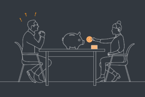 Illustration of a couple putting coins into a piggy bank
