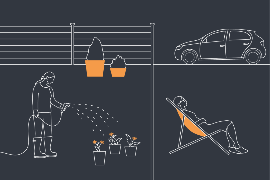 An illustration of someone watering their plants and someone else sunbathing