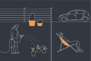 An illustration of someone watering their plants and someone else sunbathing